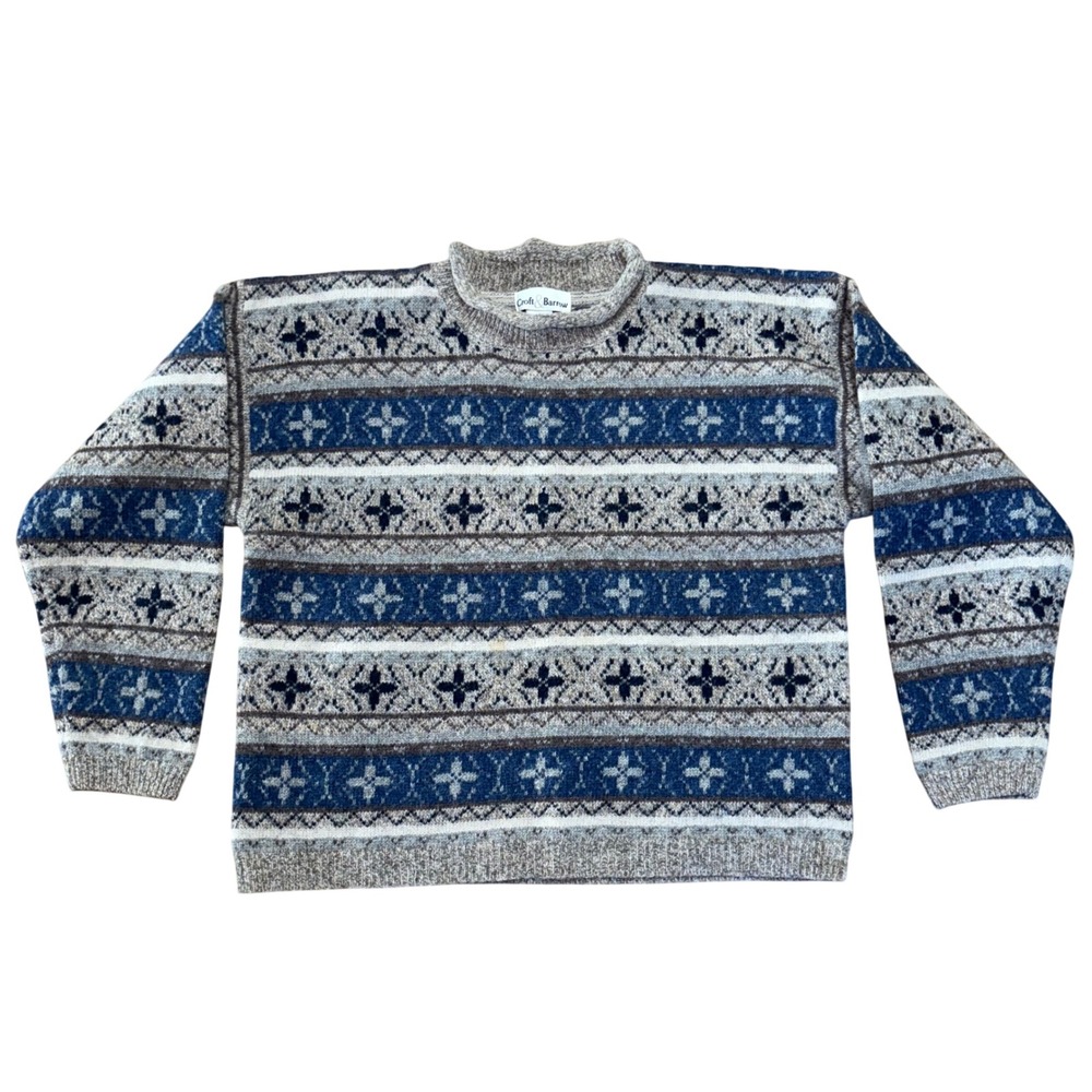 Vintage Croft & Barrow 100% Wool Fair Isle Sweater Blue Brown Womens M 90s Fall